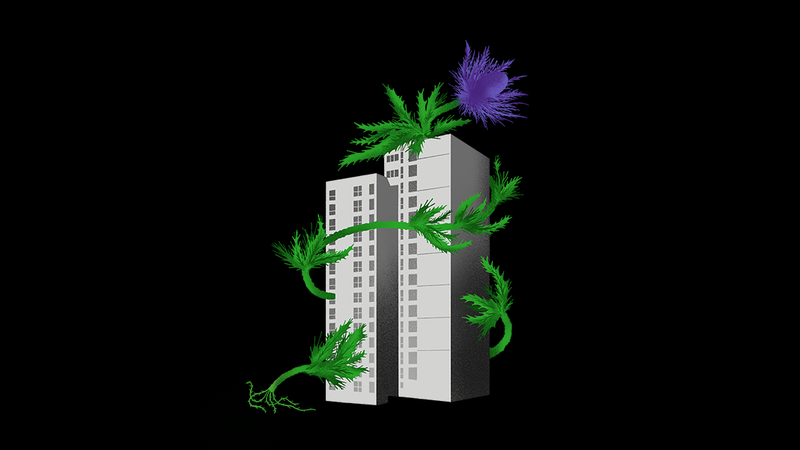 Un immeuble est enserré par une plante, un chardon violet