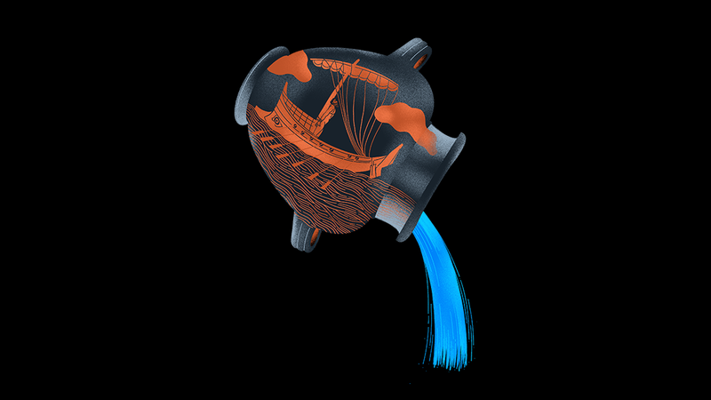 Un vase grec antique avec une illustration dessus : Ulysse accroché au mât des son bateau. Le vase est retourné et se vide d'eau.