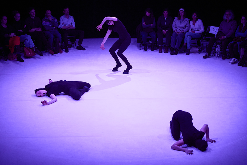 Trois danseuses vêtues de pieds de boucs au centre d'une scène. La lumière est violette.