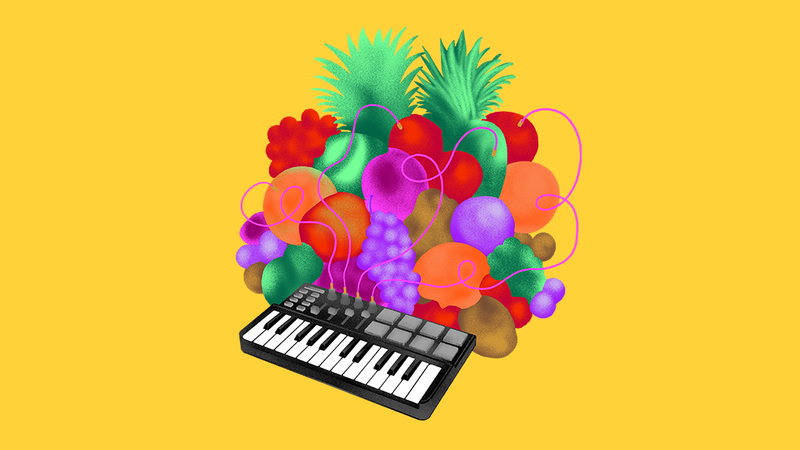 Illustration d'un piano branché à un panier de fruits.