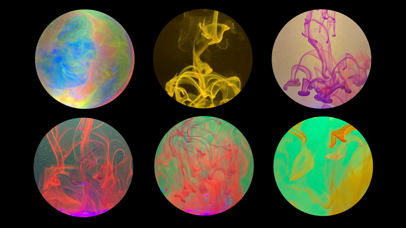 Six vignettes rondes dans lesquelles on voit différents liquides fluorescents.