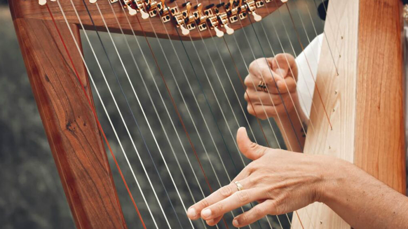 Gros plan sur des mains jouant de la musique sur une harpe.
